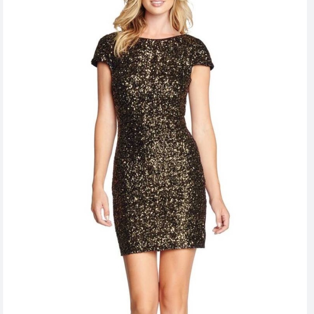 Dress The Population Size XS Tabitha Antique Black Gold Sequin Mini Dress Party